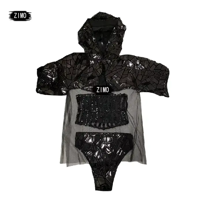 Costume de Scène GOGO Sexy à Paillettes Noires pour Femme, Tenue de Spectacle en Équipe de brev, Vêtements de Pole Transparents