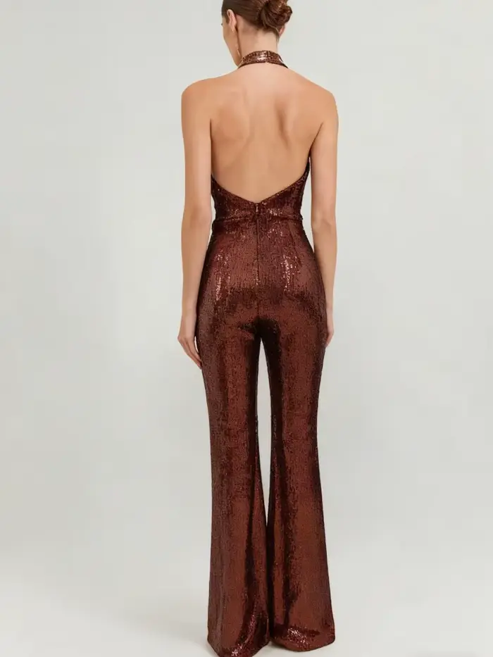 VC-Combinaisons dos nu à paillettes dorées pour femmes, vêtements féminins une pièce, design de luxe