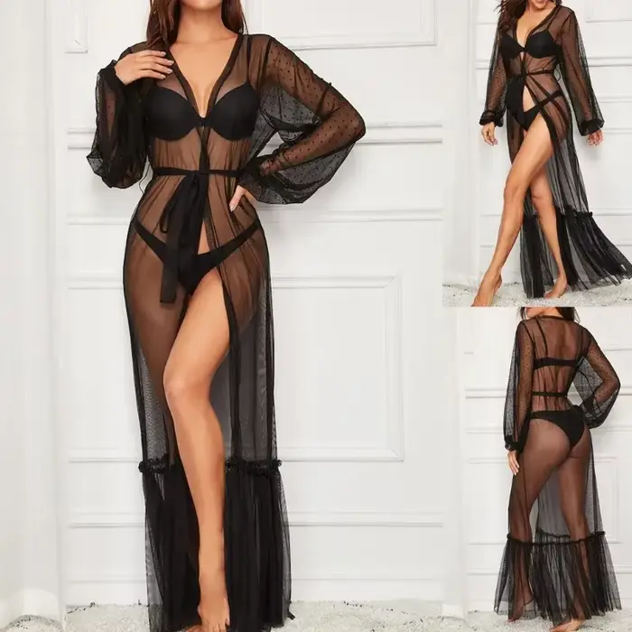 Robe longue en dentelle noire pour femme, lingerie sexy pour femme, robe longue, chemise de nuit confortable, pyjama