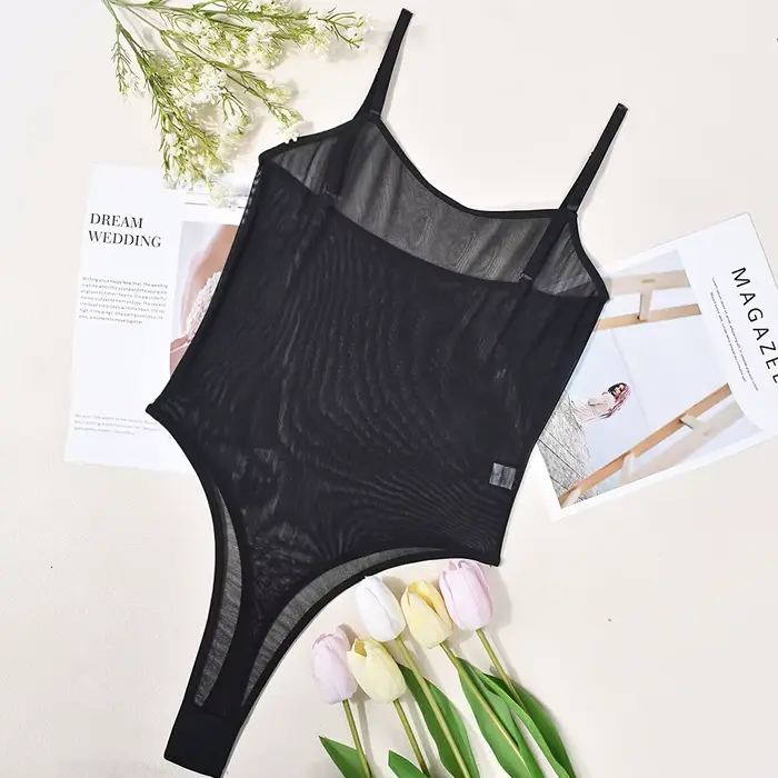 Body en dentelle transparente en maille, une pièce, pour femme, couleur unie, sexy, sans entrejambe, style teddy moulant, lingerie