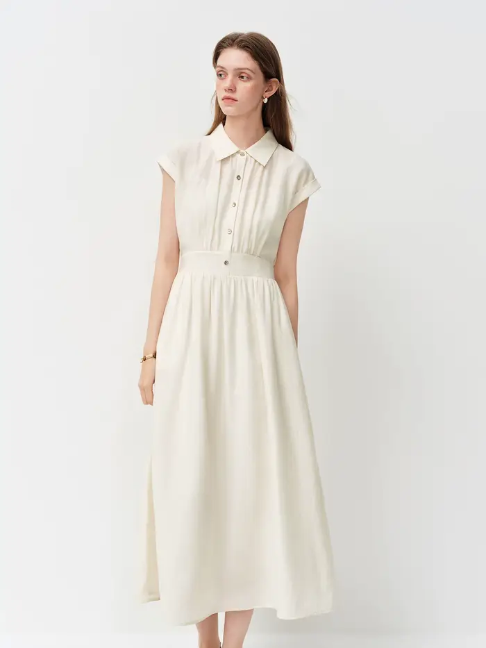Robe mi-longue en lin coupe trapèze à col rabattu sans manches et taille ajustée en tissu Lyon, nouv