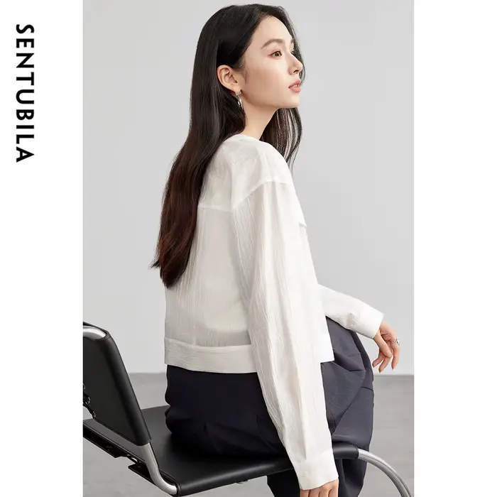 Chemise femme SENTUBILA en Lyocell, col rond uni, manches longues, simple boutonnage, nouvelle colle