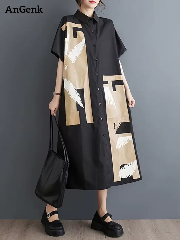 Nouvelle Robe Chemise Longue Décontractée Ample à Manches Courtes Imprimé Vintage Noir pour Femme – 