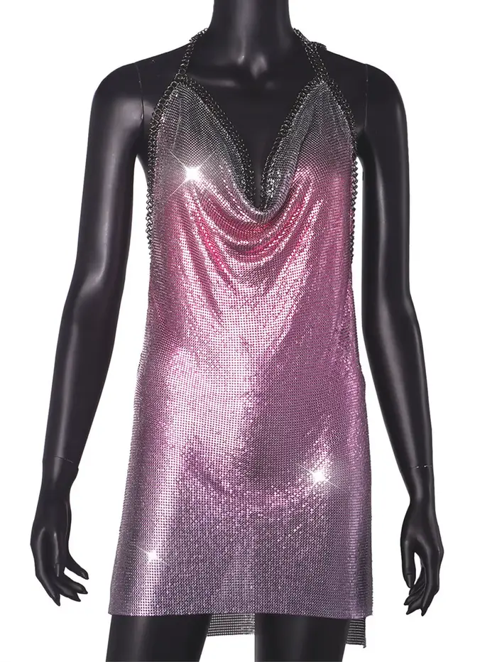 Robe d'été sexy dos nu en métal noir à sequins pour femme 2026, tenue de plage rave, mini-robe scint
