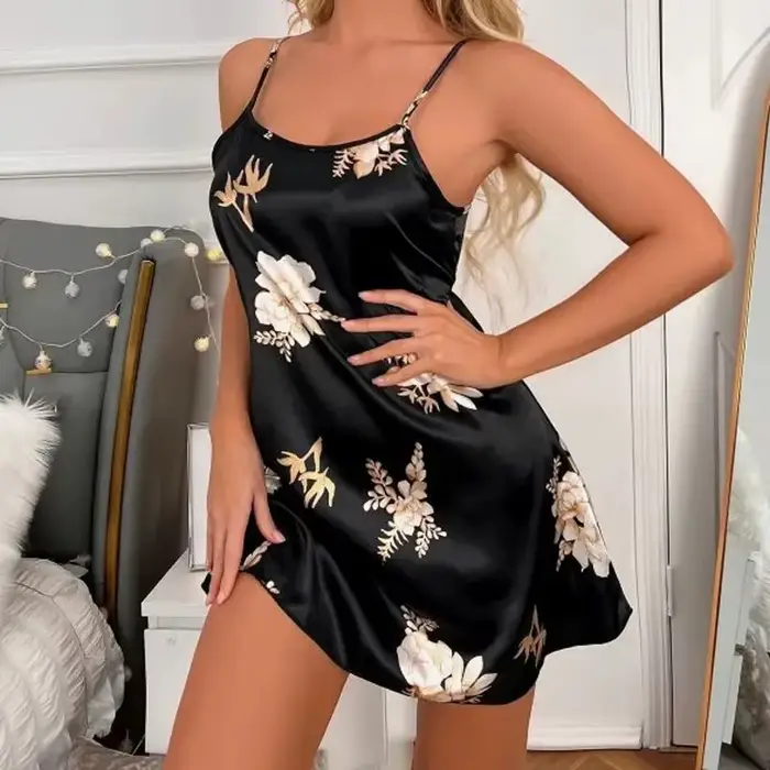 Sexy noční košile s černým květinovým potiskem pro ženy, noční prádlo pro domácnost, dámské noční košile, noční košile