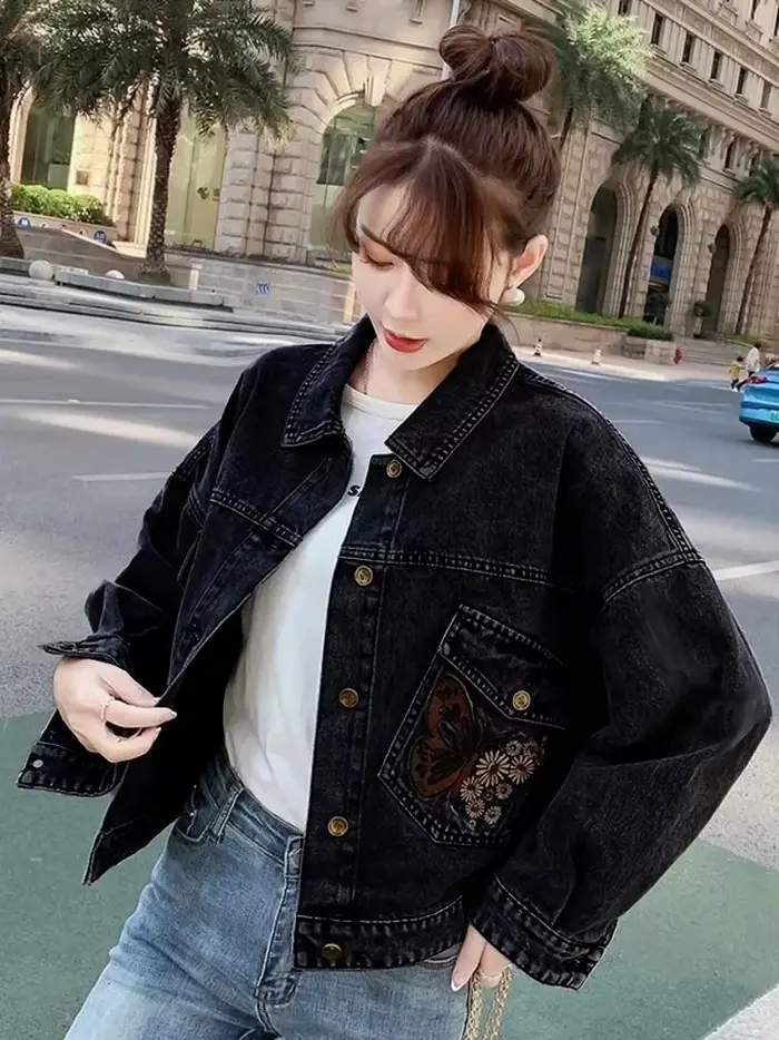 Veste en jean décontractée pour femme, papillon, fleur, lettre brodée, manteau en coton, bouton d'ex