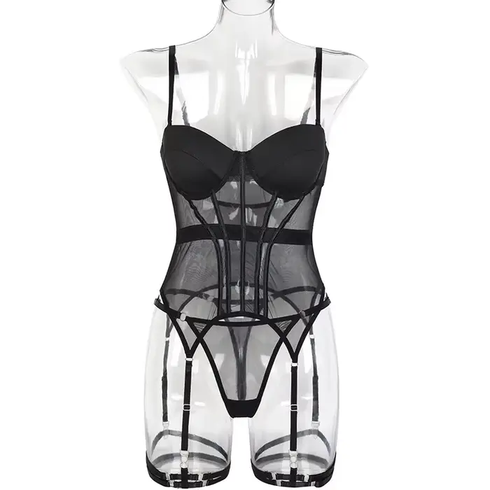 Nový 3 kus luxusní síťované prádlo set pro ženy, včetně body backless a sexy šaty s podvazkem
