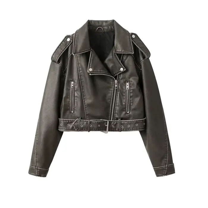 2025New Coal gray le Veste en cuir lavé pour femme avec ceinture, manteau court avec fermeture éclai