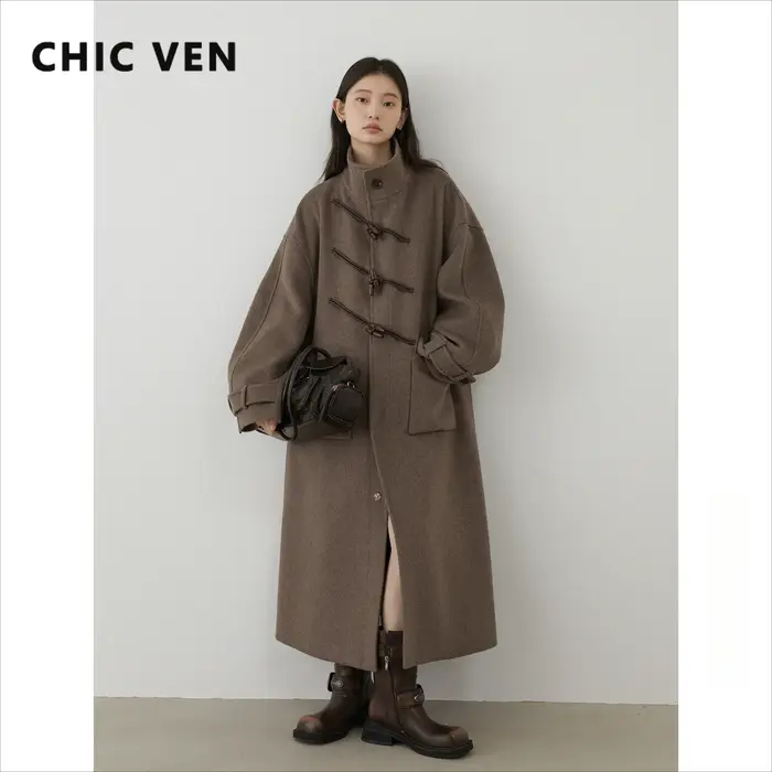 CHIC VEN-Pardessus long en laine boutonné pour femme, col montant, corne de vache, simple boutonnage