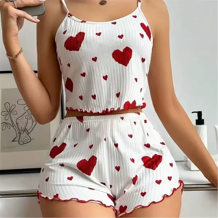 Dámská pyžamová sada, 5 velikostí na výběr, S M L XL 2XL, ramínko, oblečení na spaní, vesta + šortky, červený srdeční potisk, Sexy spodní prádlo