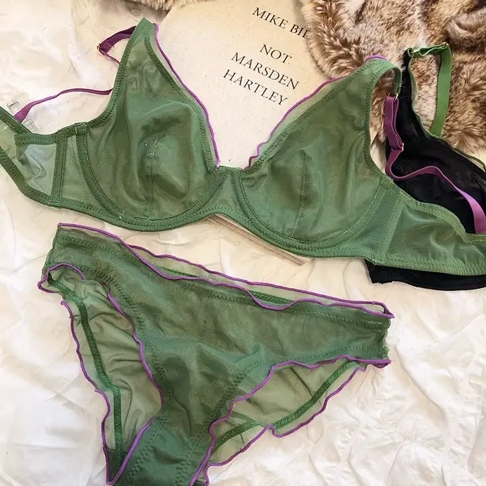 Velikostní minimalizační podprsenka s kosticemi Francouzský styl Trojúhelníkový košíček Push Up Sexy síťovaný set