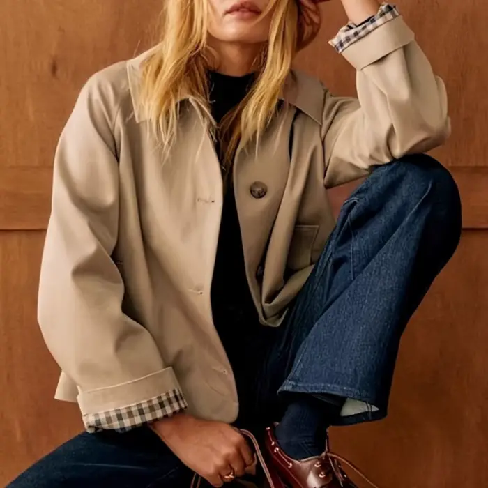 Nouveau Trench court pour femmes revers boutonné surdimensionné décontracté veste courte avec doublu