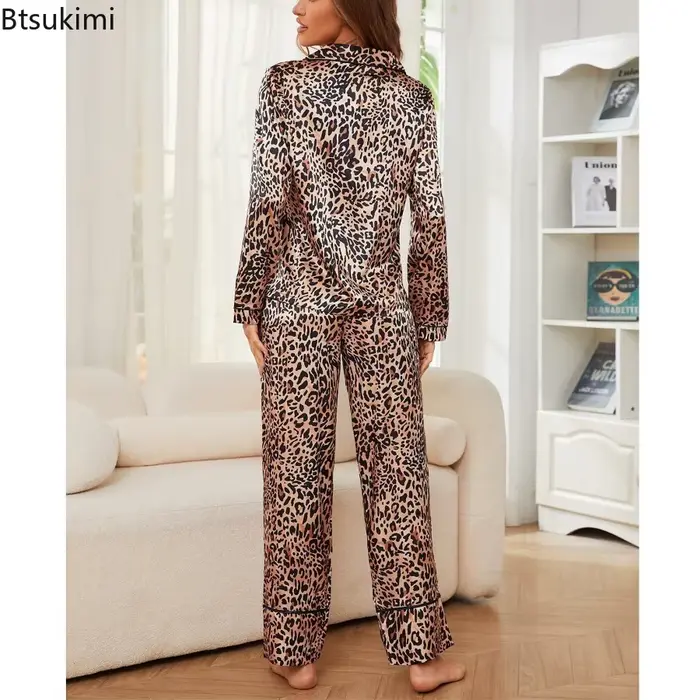 Pyjama en soie glacée imprimé léopard pour femme, ensemble deux pièces, vêtements de nuit en Satin, vêtements de maison, printemps et automne