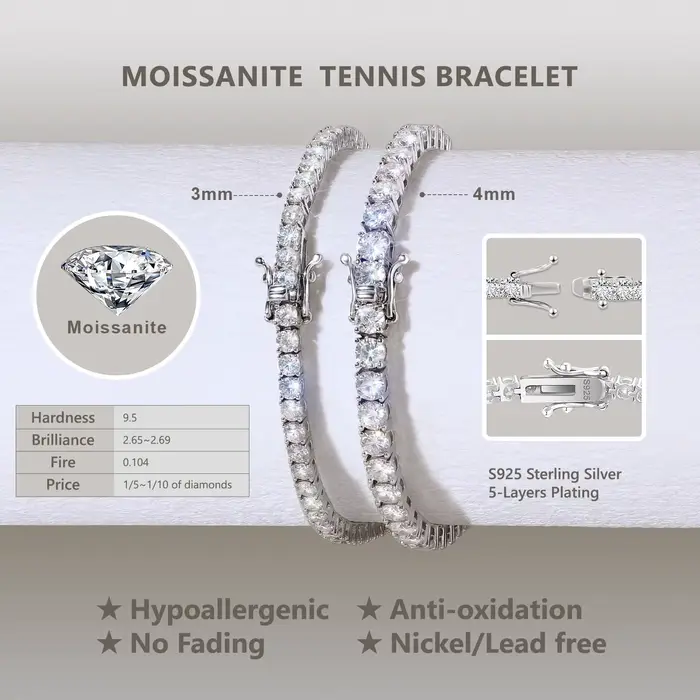 Bracelet de tennis délicat en Moissanite plaqué or 18 carats, argent sterling 925, couleur D, diaman