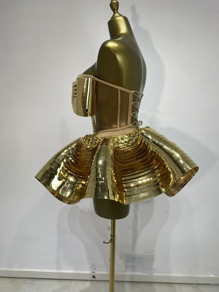 Disco tanečnice kostýmy, Bustier zrcadlo pozlacené, horní korzet a Mini nafouknutá sukně, 2 kusy, večerní oblečení Sexy Ses Y2k