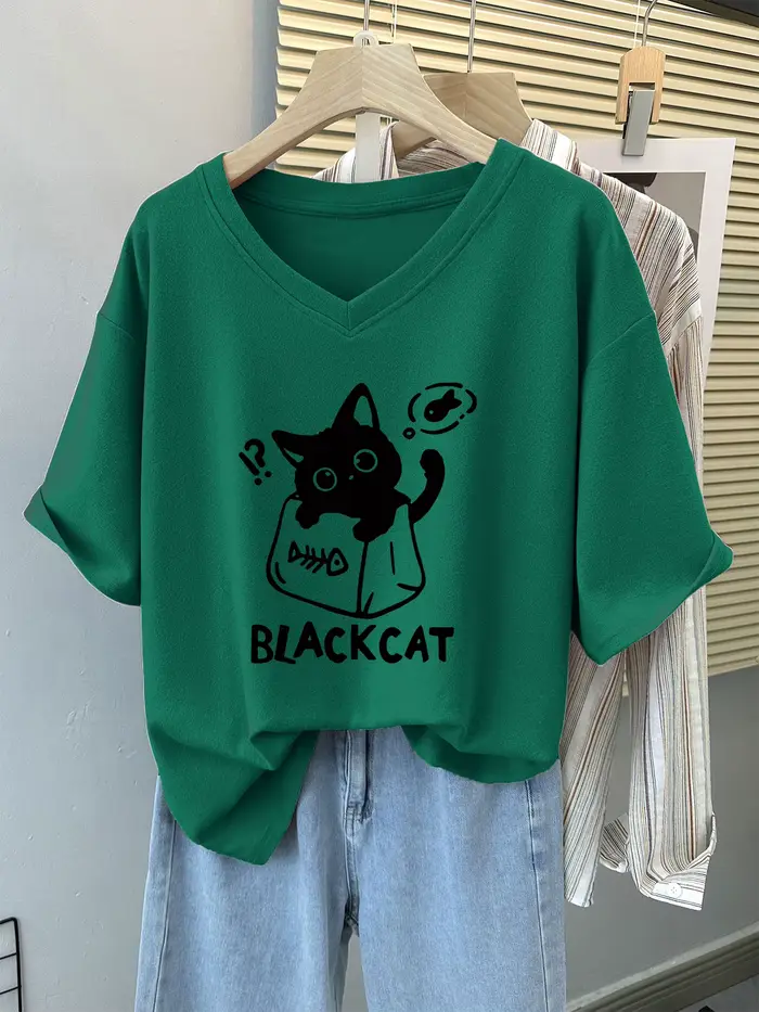 T-shirt manches courtes col rond femme, estival et en coton, avec chat, grande taille 6XL