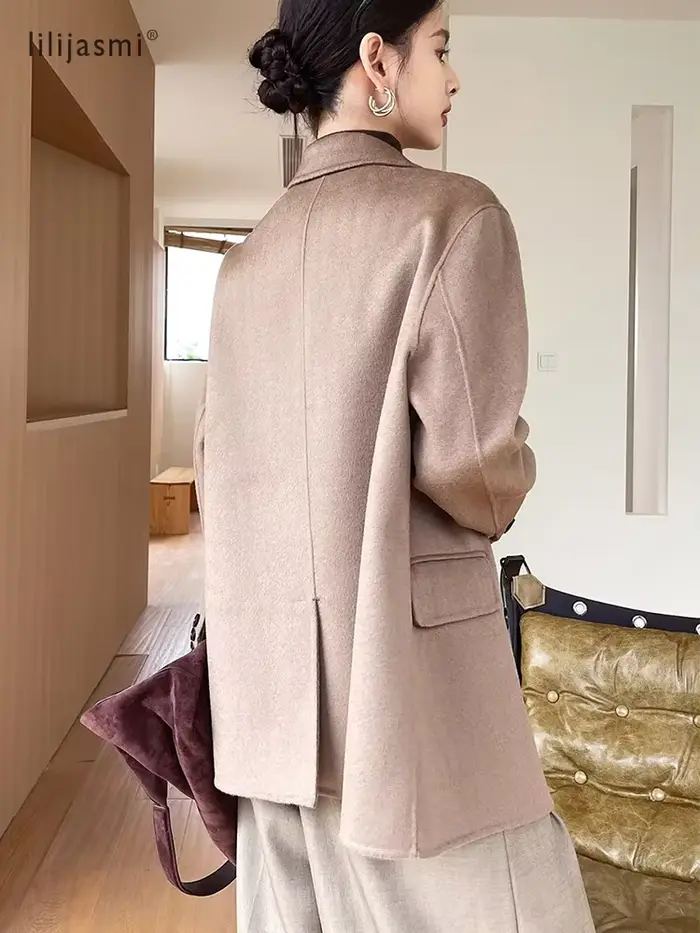 Blazer court en laine à revers crantés pour femme, 100% laine, avec poignets de travail, non doublé,