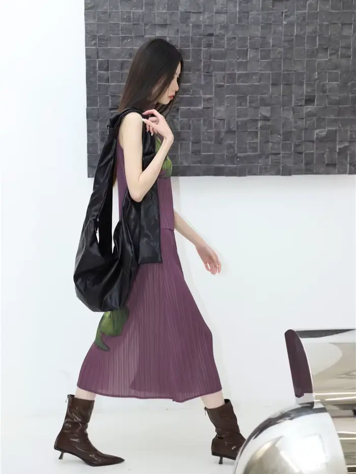 Contest ERART-Tenues florales plissées pour femmes, jupe longue violette, haut en fibre, ensemble 2
