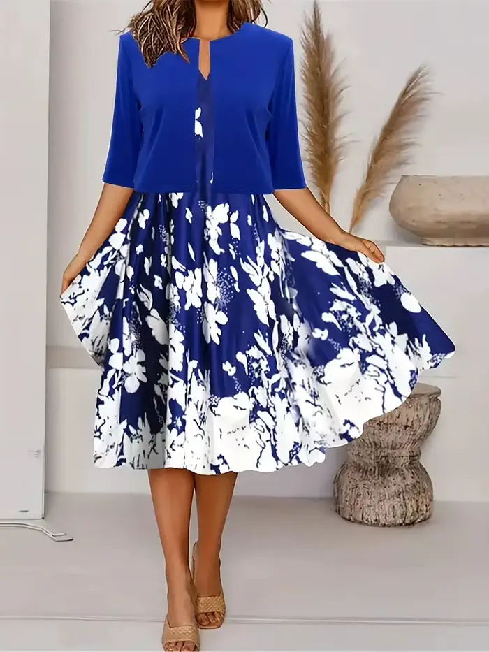 Robe longue pour femmes, ensemble deux pièces imprimé floral, col rond, manteau, Europe et états-uni