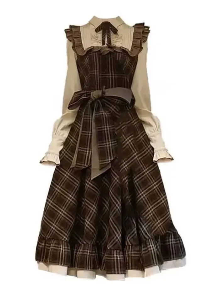 Faux robe deux pièces pour femmes, jupe longue, coupe cintrée, Vintage, Lolita, nœud à carreaux, nou
