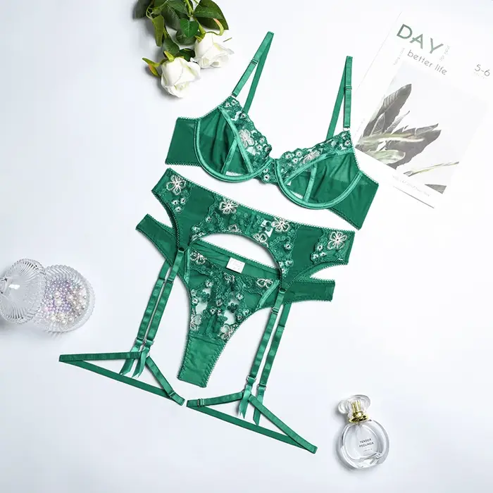 souprava Zelená pro ženy, spodní prádlo vyšívané přehrady, sexy smyslné krajkové kalhotky, s podvazky, 3 kusy