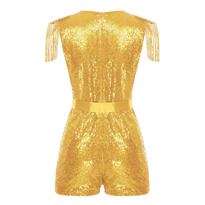 Barboteuse à paillettes et pompons pour femmes, combinaison chaude, col en v, sans manches, scintill