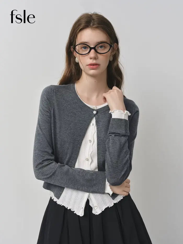 FSLE 2025 automne Style coréen femmes faux deux pièces Cardigan mûrier soie laine mélange couleur bl