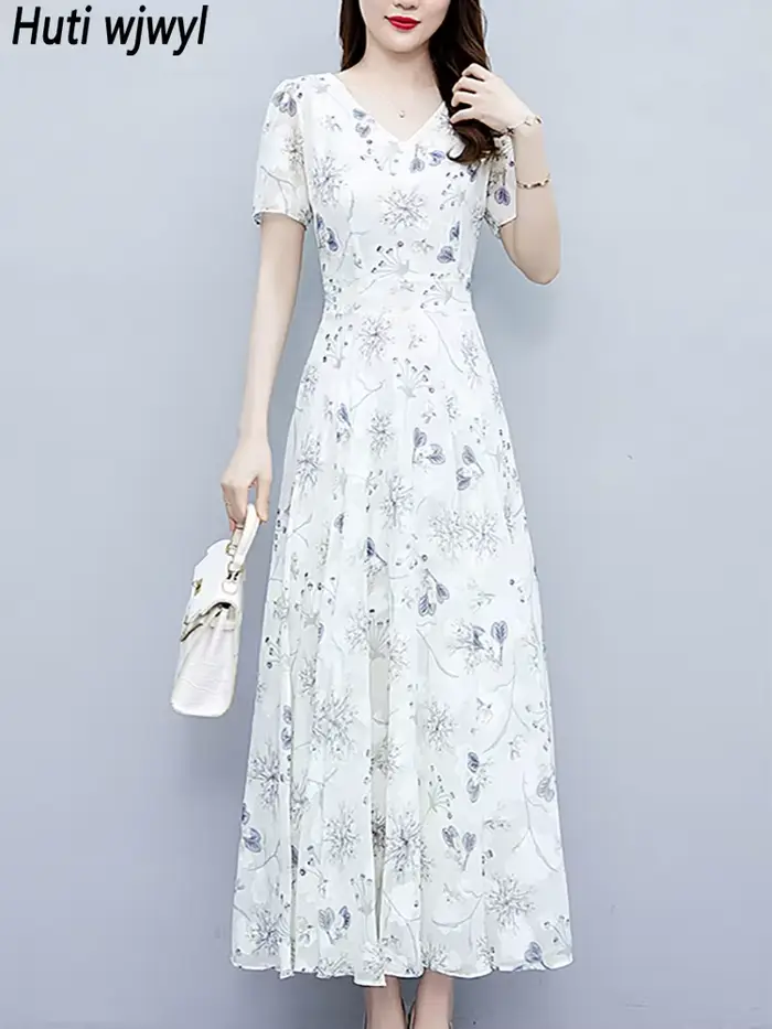 Robe longue à fleurs blanches, style boho décontracté, tenue de plage, vacances, manches courtes, él