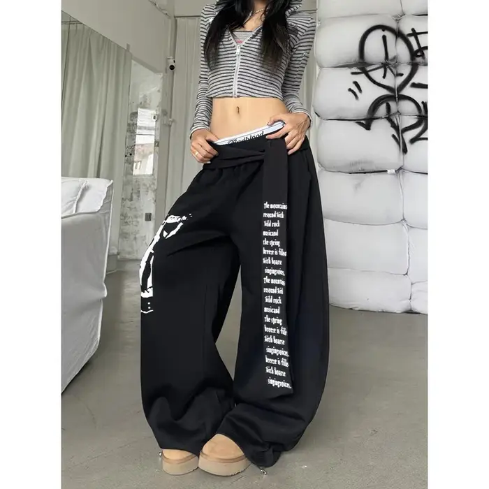 ZHIZOU femmes gris gothique Baggy Y2k lettre impression pantalon Harajuku années 2000 Vintage surdim