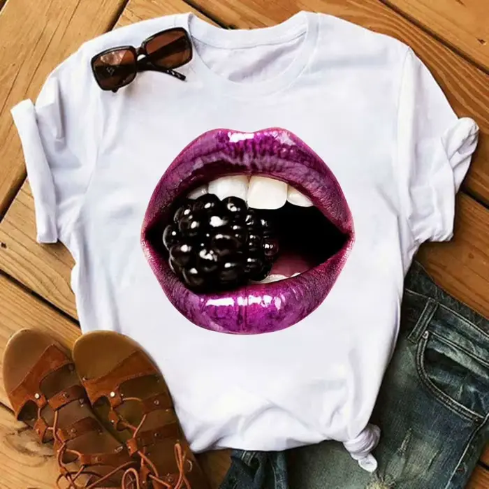 Maycaur femmes diamant lèvre graphique t-shirt mode femme hauts col rond Sexy noir t-shirts drôle dé