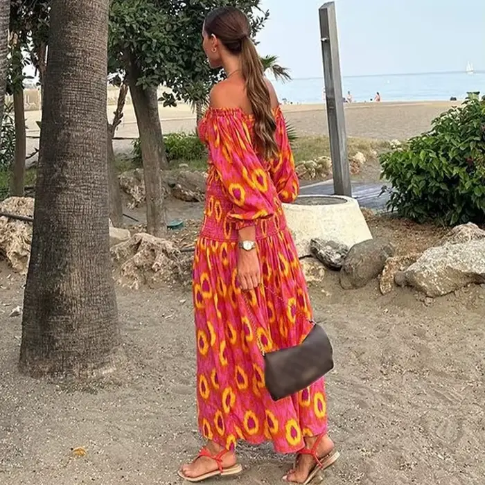 TEELYNN-Robe de plage à manches bouffantes pour femmes, vintage, boho, sexy, décontractée, longue, é