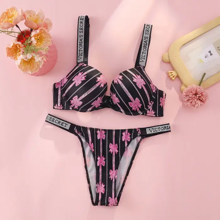 Dámská push-up podprsenka a kalhotky Victoria's Secret, ramínko s logem drahokamu, sexy krajkové spodní prádlo