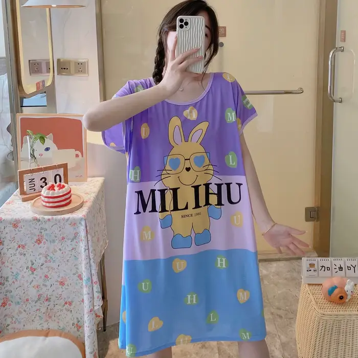 Chemise de nuit d'été et d'automne pour filles, 1 pièce, robe confortable à manches courtes, vêtements de maison pour femmes, pyjama en Polyester