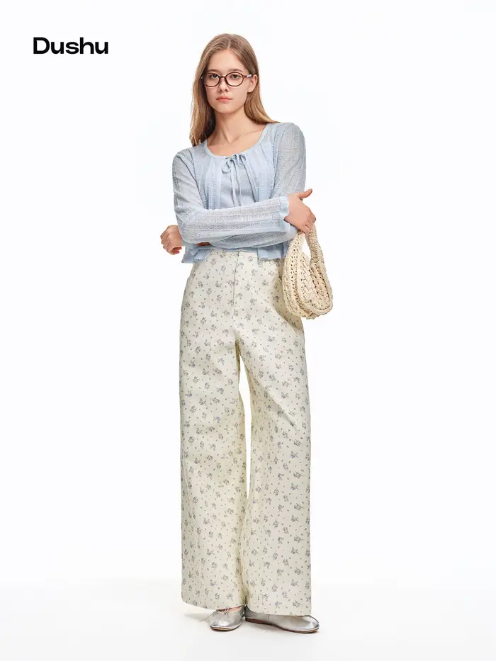 DUSHU 2026 – Pantalon droit en coton 100 % à imprimé floral frais pour femme – Pantalon décontracté 