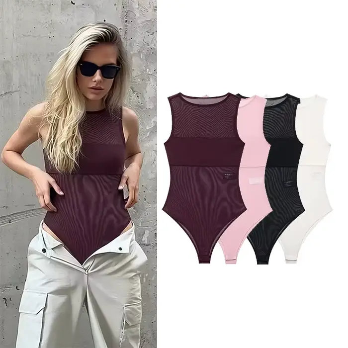 Dámská tylová kombinéza, jaro-léto, sexy, lehká, kulatý výstřih, bez rukávů, plážový styl, dámská kombinéza