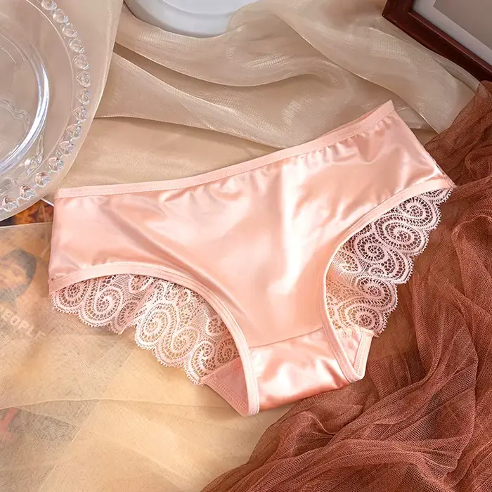 Vintage dámské saténové kalhotky, jednobarevné prodyšné spodní prádlo, sexy francouzské spodní prádlo s krajkou mašle, střední velikost, jemná síťovina slipy