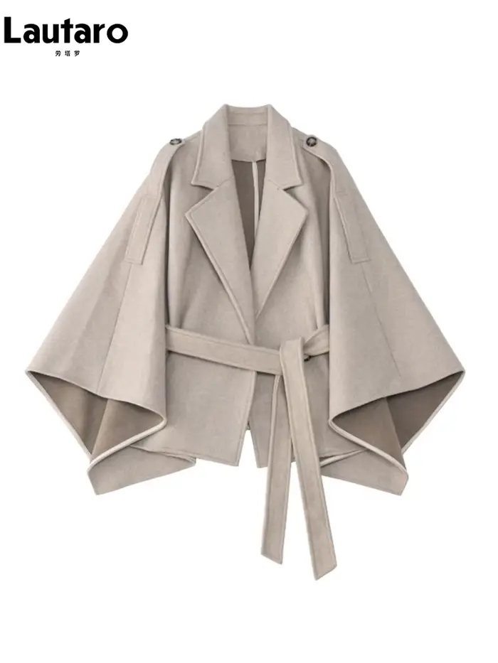 Lautaro-Manteau court en laine douce pour femme, Capes de luxe, Taille haute, Vintage, Automne, Hive