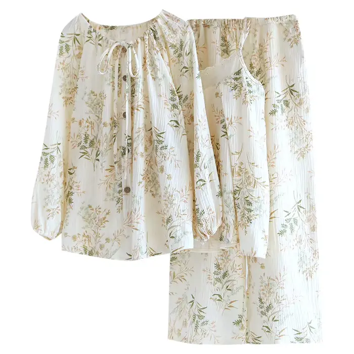Pyjama d'été fin sans manches pour femmes, 3 pièces, vêtements de nuit floraux, ensemble de vêtements de nuit en coton, nouvelle collection 2024