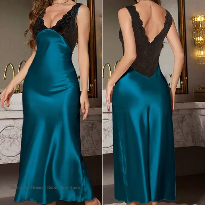 Elegantní dlouhá noční košile, domácí oblečení, nová kolekce, dámské oblečení na spaní, sexy krajková noční košile, perspektivní, saténové relaxační oblečení, spodní prádlo