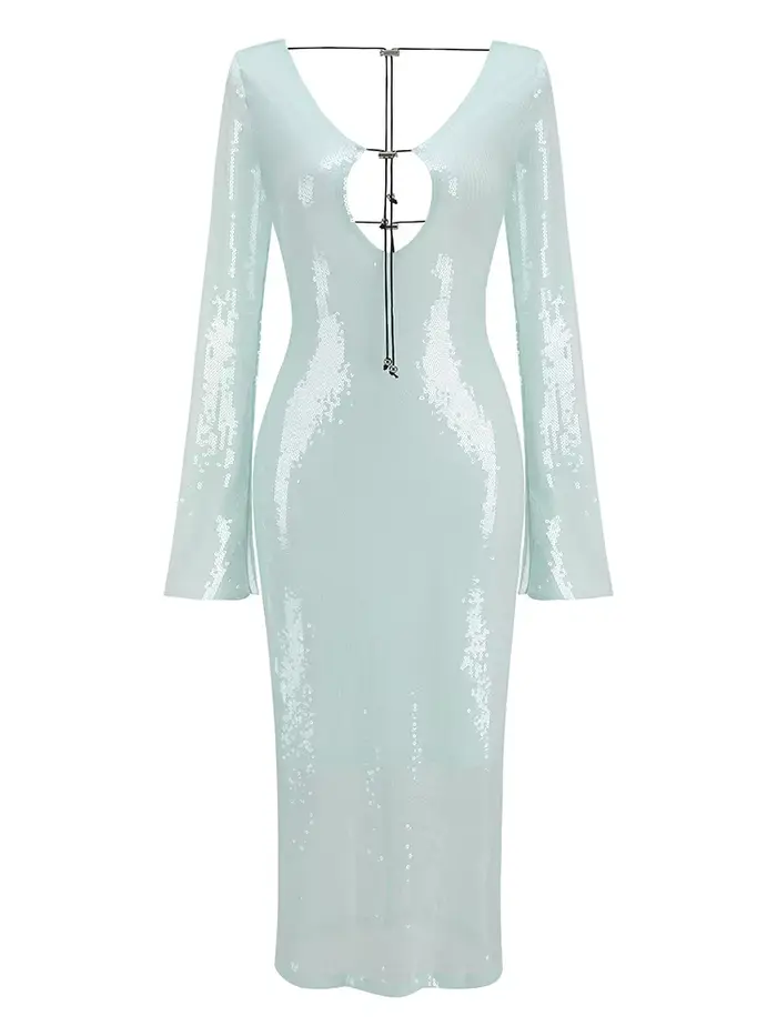 BEVENCCEL Sexy luxe paillettes profonde V à manches longues dos nu paillettes longue robe élégante m