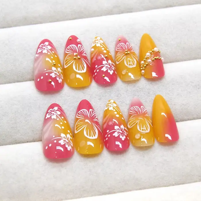 24 pièces fleur blanche faux ongles conseils Ins jaune rose Blush faux ongles portable couverture co