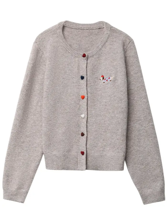 CHIC VEN femmes Cardigan ample décontracté nouveau col rond amour bouton chien broderie tricoté chan