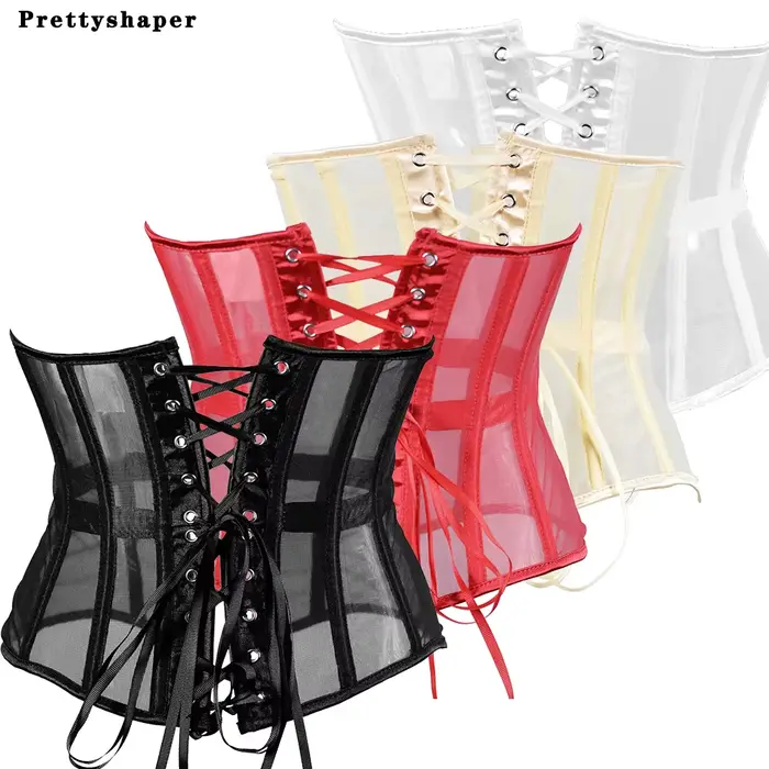 Viditelná dámská síťovina korzet, zeštíhlující opasek, sexy, prsní obal, ramínko krajka-up s 16 pruhy, bílá, červená, XXS až 5XL