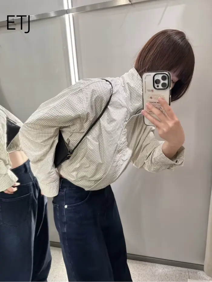 Veste Courte à Carreaux pour Femme ETJ, Col Montant, Manches Bouffantes, Coupe Oversize avec Ourlet 