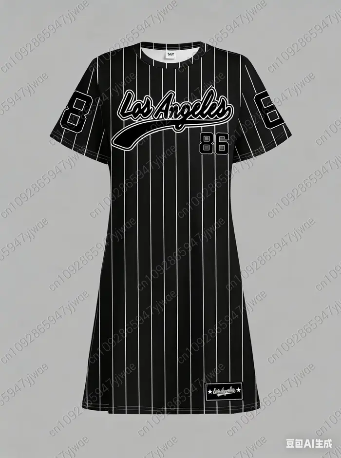 Robe T-shirt ample décontractée pour femme été 2026 NO.86 LOS ANGELES Imprimé Col rond Manches court