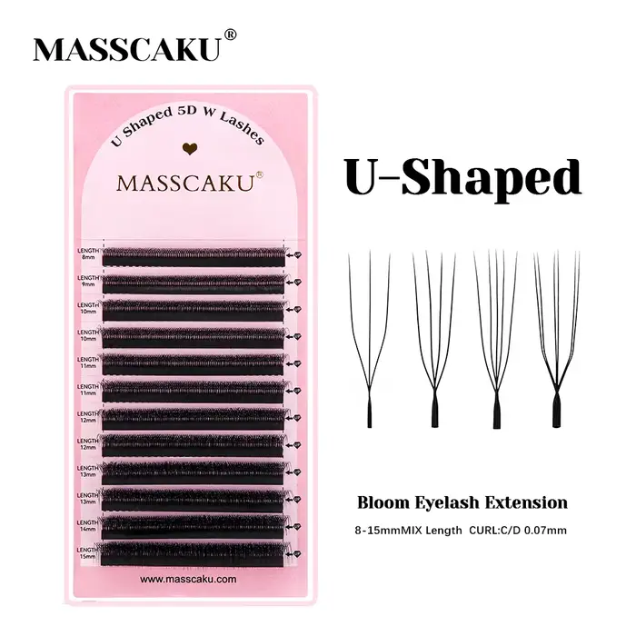 MASSCAKU Extensions de cils 3D/4D/5D/6D en forme de U épaisseur 0.07mm tissé à la main pré-fabriqué 