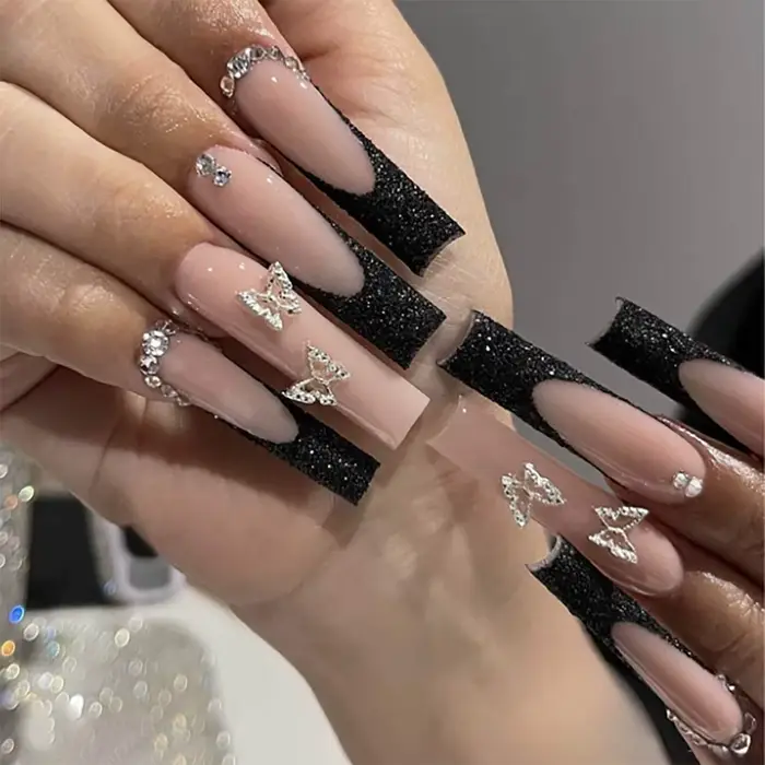 Ensemble de 24 pointes d'ongles français noires de forme rectangulaire, à la mode, avec paillettes e