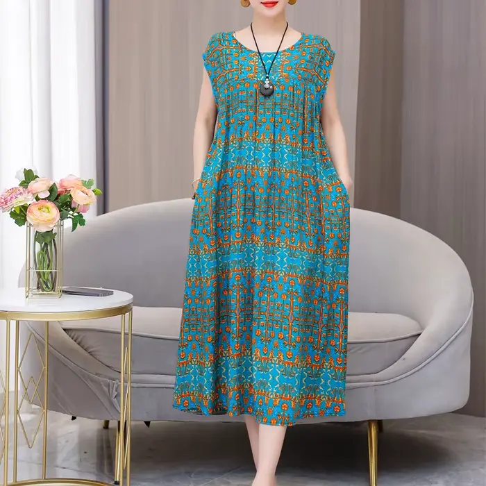 Robe en viscose décontractée avec col rond et poches pour femmes grandes tailles occasions estivales