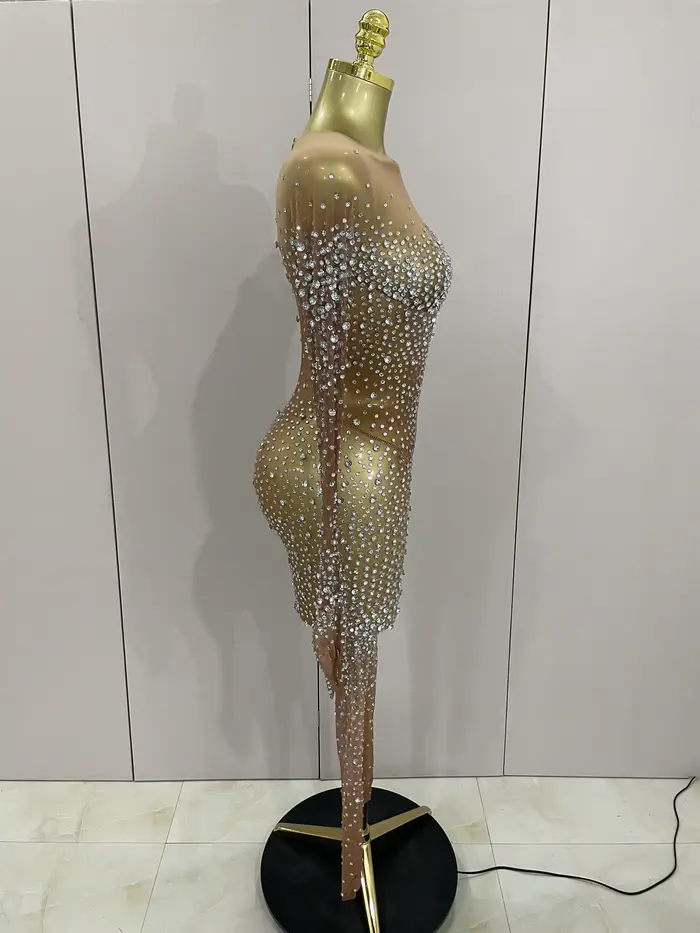 Combinaison de luxe en maille transparente pour femmes, strass scintillants, Sexy, moulante, robe d'