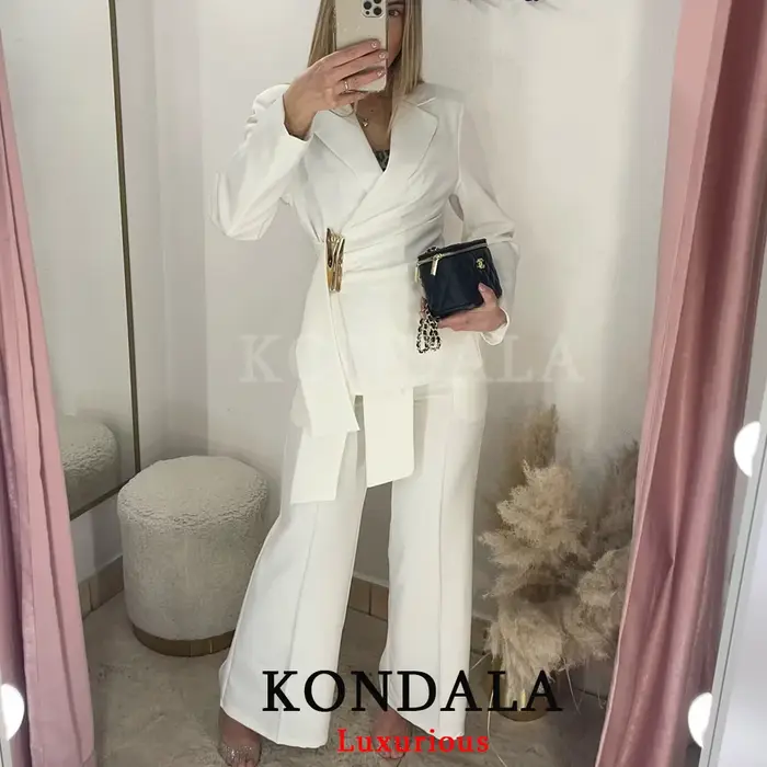 KONDALA – Nouveauté Chic pour Femme : Ensemble Blazer Blanc Uni à Manches Longues et Pantalon Long Z
